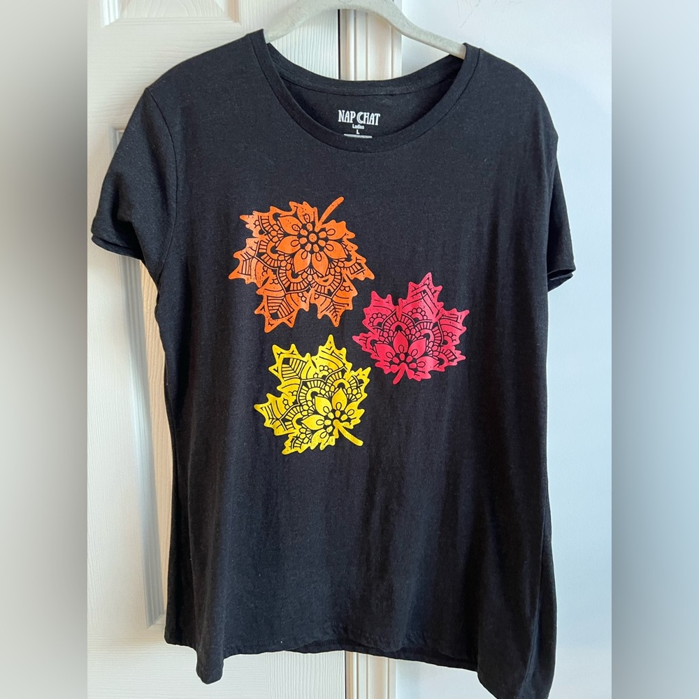 Nap Chat Ladies Black T-Shirt fall leaves